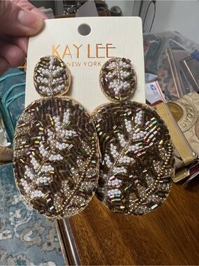 Brown and White Beaded Oval Drop Earrings
